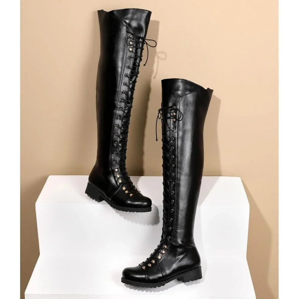 Women's Black Faux Leather Over The Knee Square Toe Thigh High Combat Boots